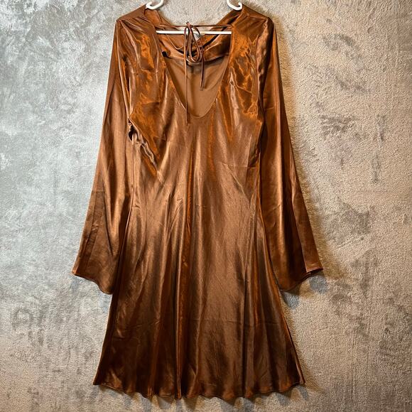 Anthropologie Brown Satin Long Sleeve Mini Dress Cowl Neck Size XL New - Picture 4 of 8